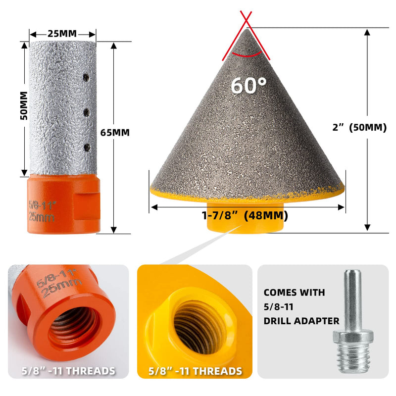 Diamond Beveling Chamfer Bits with 5/8-11" Thread Adapter, 1-7/8"(48mm) Chamfer Cone 25mm Diamond Finger Milling Bit, Diamond Countersink Drill Bit for Existing Holes Enlarging Shaping Trimming 48mm+25mm (Set)
