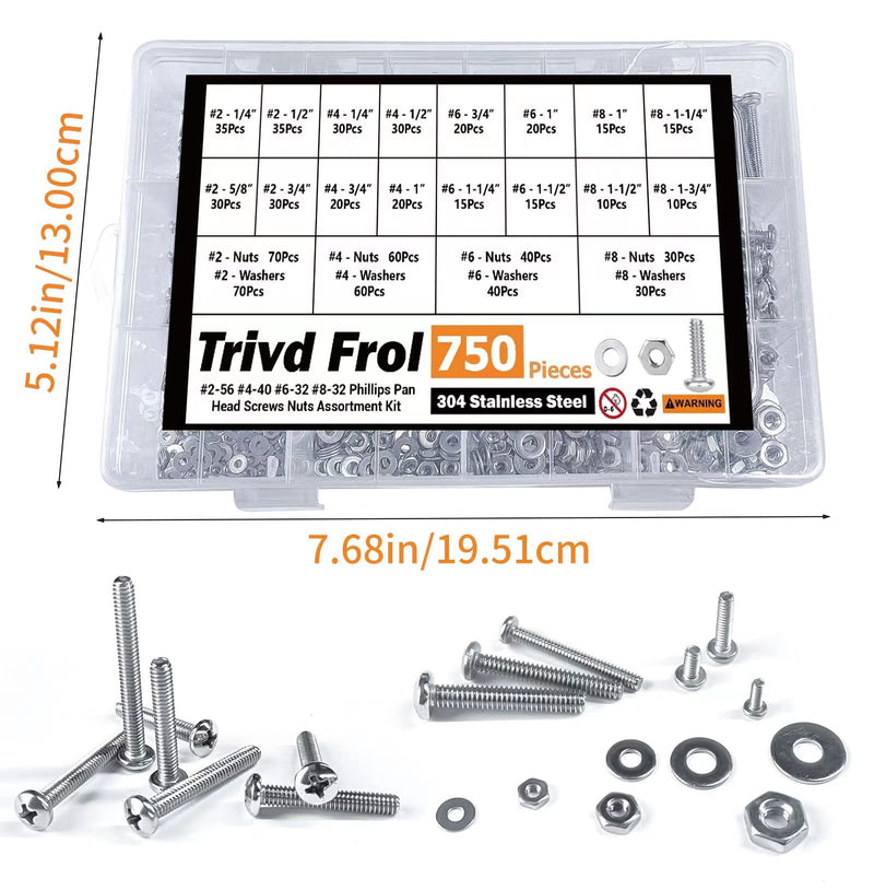 Trivd Frol 750PCS #2-56#4-40#6-32#8-32 Phillips Pan Head Screws Bolt Nut Flat Washers 304 Stainless Steel Machine Screws Nuts Washers Assortment Kit (#2-56#4-40#6-32#8-32)