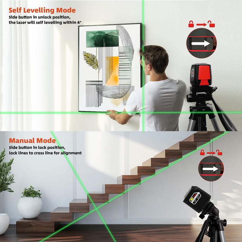 [Australia - AusPower] - Laser Level Self Leveling Green Cross Line,Lazer Level for Picture Hanging,100ft,Rotatable 360 Degree,4 Brightness Adjustment, IP54 Waterproof, DIY, Construction, Magnetic Base, Battery, Carrying Bag 2G Entry-Level 
