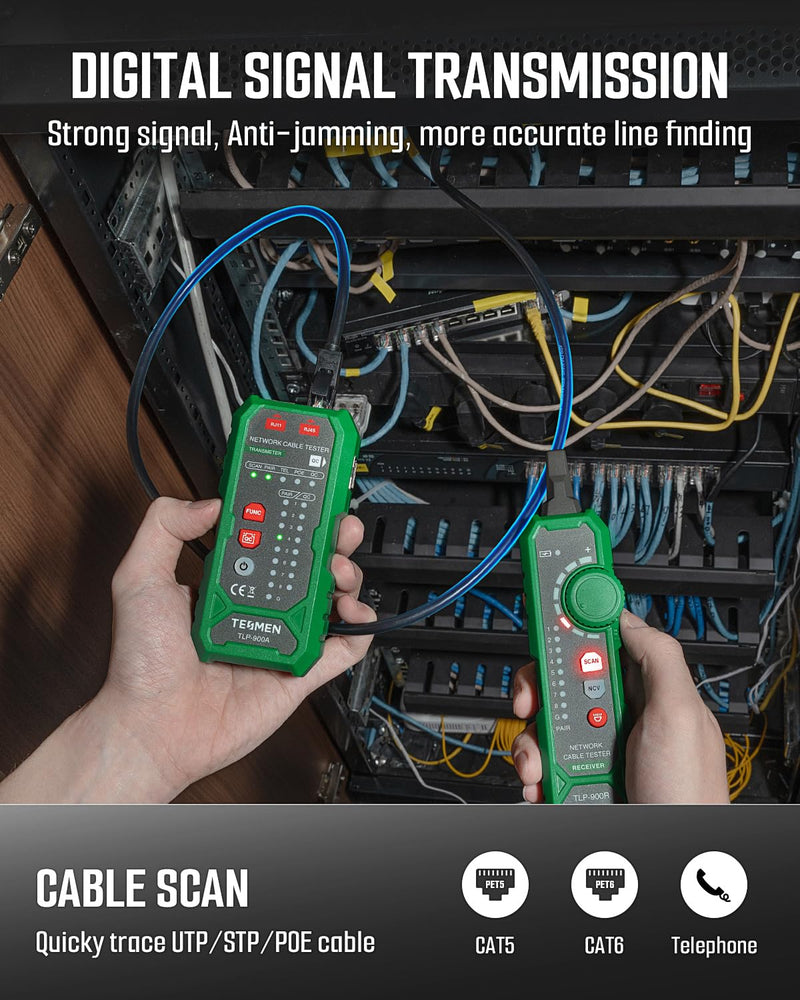 [Australia - AusPower] - TESMEN TLP-900AR Network Cable Tester, RJ11 RJ45, for CAT5/6/POE/STP, Multi-function Cable Tracer with Pairing, Continuity, QC&NCV, Suitable for Ethernet, Telephone, Wire maintenance and sorting-Green Green 