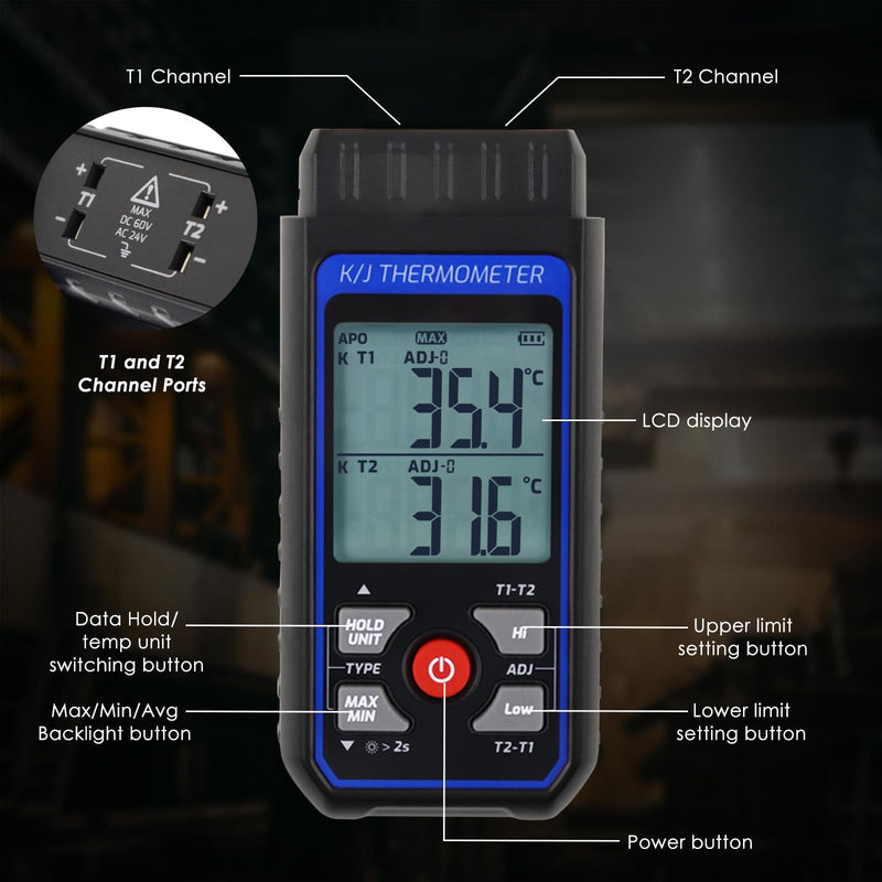 [Australia - AusPower] - Dual Channel K/J Thermometer with 4 Probes & 2 Pipe Clamps– -200°C to 1372°C° (-328°F to 2501°F) Alarm, Backlight Temperature Meter for HVAC Tools, Industrial Thermometer Dual Channels w Temp Clamp 