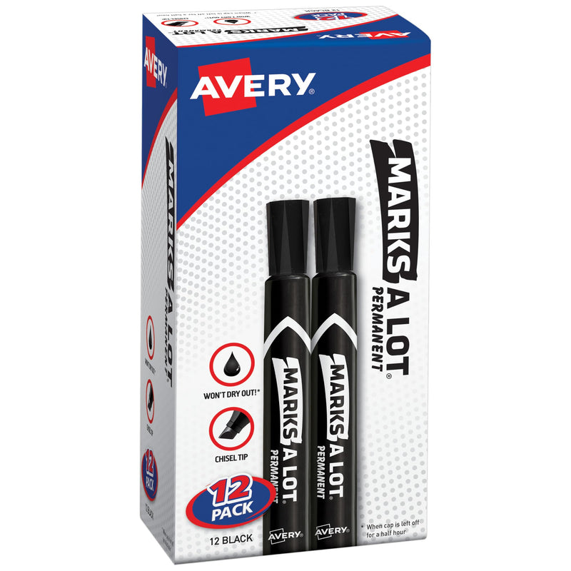 Avery Marks-A-Lot Permanent Markers, Large Desk-Style Size, Chisel Tip, Water and Wear Resistant, 12 Black Markers (98028) 12 markers Regular Chisel Tip