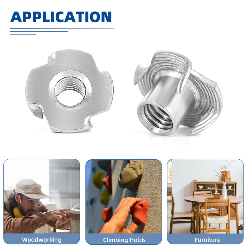 [Australia - AusPower] - 1/4"-20 T-Nuts, 304 Stainless Steel 4 Pronged Tee Nuts, Four-jaw Threaded Inserts for Rock Climbing Holds, Furniture, Cabinetry, Woodworking, Silver, 25 PCS 1/4"-20 