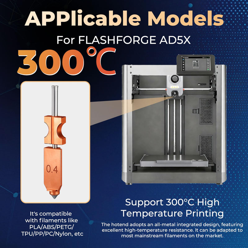 for Flashforge AD5X Upgraded 0.4mm Integrated hotend Nozzle 2 Packs,Adventurer 5X Nozzle,3D Printer Accessories Quick Detachable hotend nozzles kit,Extra 3PCS Silicone Sock+3PCS Nozzle Brush 2 Pcs 0.4MM