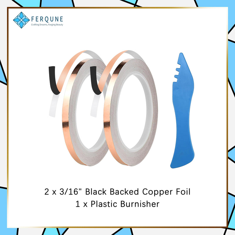 FERQUNE 3/16 Inch Black Backed Copper Foil Foil Tape for Stained Glass, 2 Rolls, 1 Burnisher