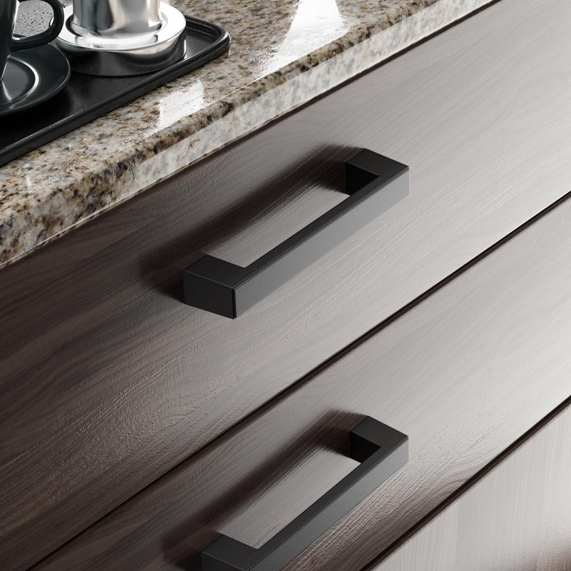 Cobbe 10 Pack Matte Black Square Cabinet Handles 3-3/4 Inch (96mm) Hole Centers Cabinet Pulls Kitchen Cabinet Handles Drawer Pulls Kitchen Cabinet Hardware 3-3/4" hole center spacing Black 10 pack