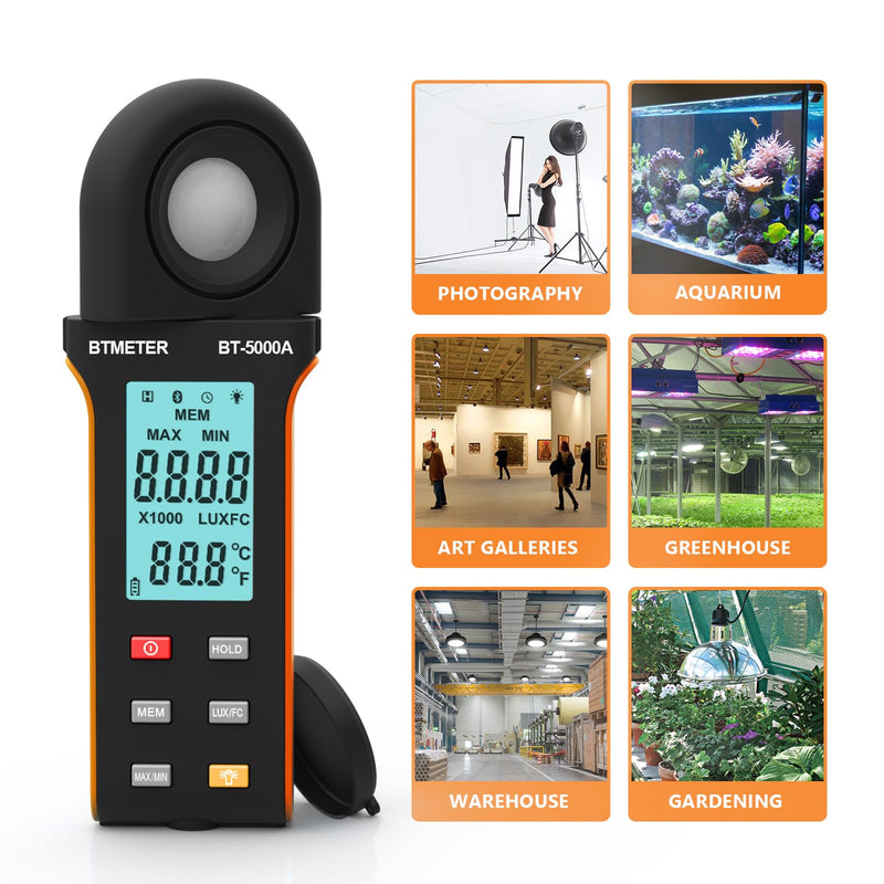 BTMETER Light Lux Meter Logger BT-5000A, Digital Lumen Tester Measure Lighting Level Intensity 0.1~400,000 Lux(0.1~40,000 FC) Foot Candle Luxometer with Data Logging for Plant Grow Aquarium