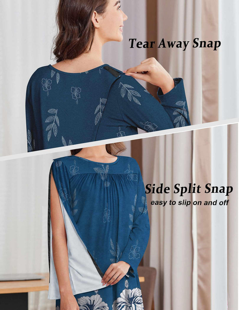 [Australia - AusPower] - Deyeek Hospital Gowns for Women Open Back Dress Long Sleeve Post Surgery Tear Away Snaps Adaptive Nightgowns with Arm Snaps Blue Print XX-Large 