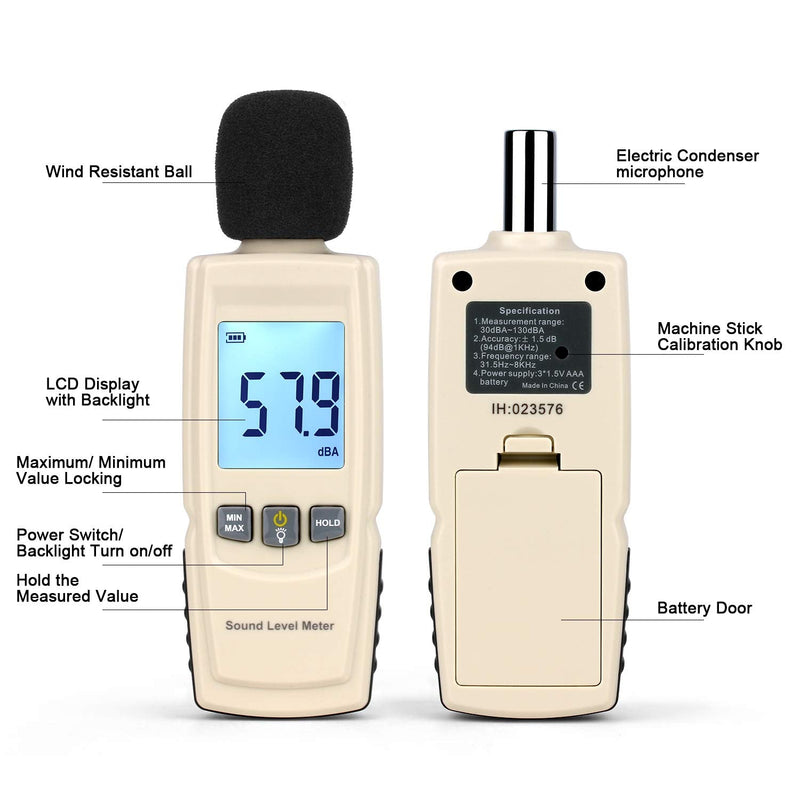 Decibel Meter Sound Pressure Level Meter (SPL) with Backlight Alarm, Portable Sound Decibel Level Meter 30~130dBA, Noise dB Sound Meter Audio Volume Monitoring Instrument Meter for Home Office