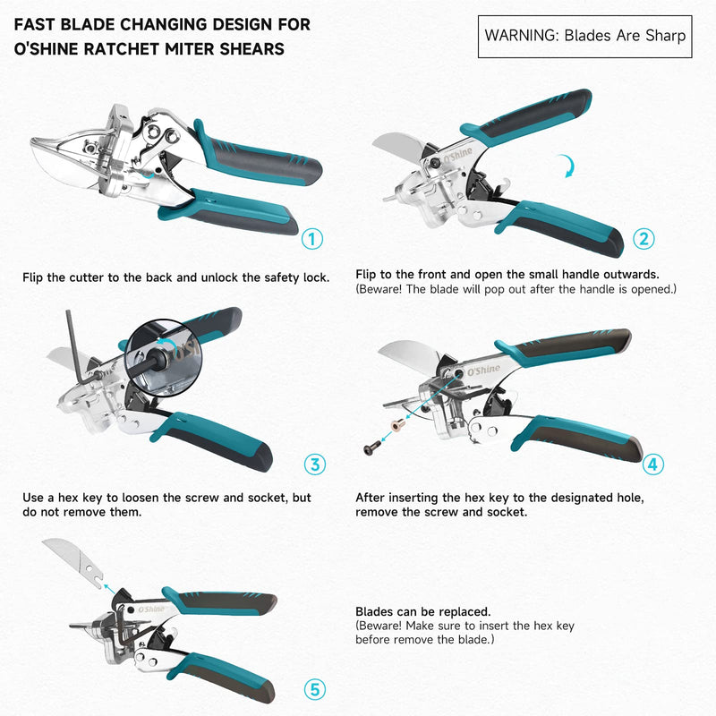 [Australia - AusPower] - O’Shine Ratchet Miter Shears for Angular Cutting Molding Crafting Wood, Quarter Round Cutting Tool, 45-135 Degree Multi Angle PVC Miter Shear Trim Cutter Hand Tool, An Extra Blade & Hex Key Included 