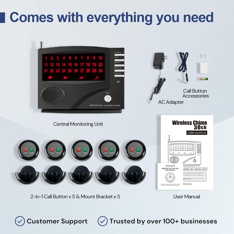 [Australia - AusPower] - SYNLETT Wireless Call System Nurse Call System with 5 Dual Function Call Buttons and 1 Central Monitoring Unit for Clinic Restaurant Nursing Home Patients... 