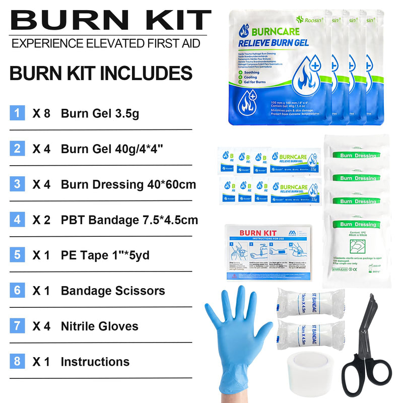 [Australia - AusPower] - Burn Kit, 4pcs Burn Dressings 4x4”, 8pcs Burn Gel Packets 3.5g, 4pcs Burn Pads, First Aid Kit Cooling Soothing Cream Relief with Bandage, Nitrile Gloves, Scissors, Tape 