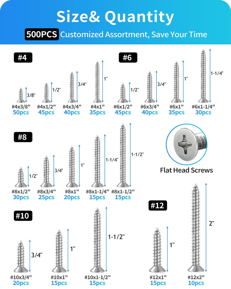 500Pcs 304 Stainless Steel Wood Screws Assortment Kit,#4#6#8#10#12 Assorted Screws,Phillips Drive Flat Head Sheet Metal Screw Self Tapping Screws Set, Length 3/8" to 2" (Silver-Flat Head 500PCS) Silver-Flat Head 500PCS