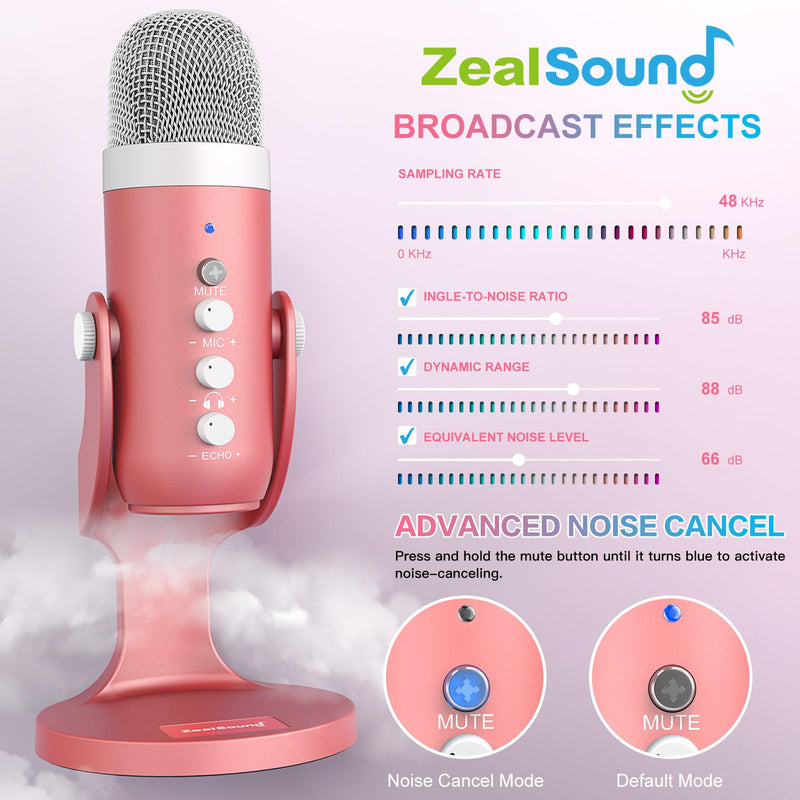 [Australia - AusPower] - ZealSound USB Microphone,Condenser Computer Mic,Plug&Play Gaming Microphones for PS 4&5.Headphone Output&Volume Control,Mic Gain Control,Mute Button,YouTube Podcast on Mac&Windows Pearlescent Pink 