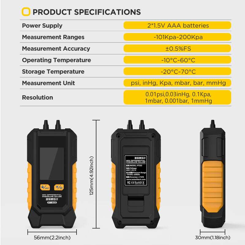 PT503 Manometer Gas Pressure Tester Dual Port Manometer Mini HVAC Gas & Air Pressure Tester, Differential Pressure Gauge with 6 Units, -100 to 200 kPa, Data Lock, Includes Adapters PT503