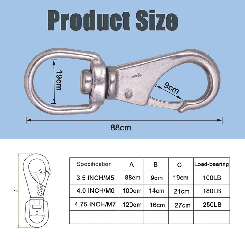 [Australia - AusPower] - Stainless Steel Swivel Eye Snap Hook, 4 Pack (3.5 Inch) Heavy Duty Scuba Diving Clips, Flag Pole Clips, Spring Hooks for Bird Feeders, Pet Chains (4 Pcs(3.5 Inch)) 