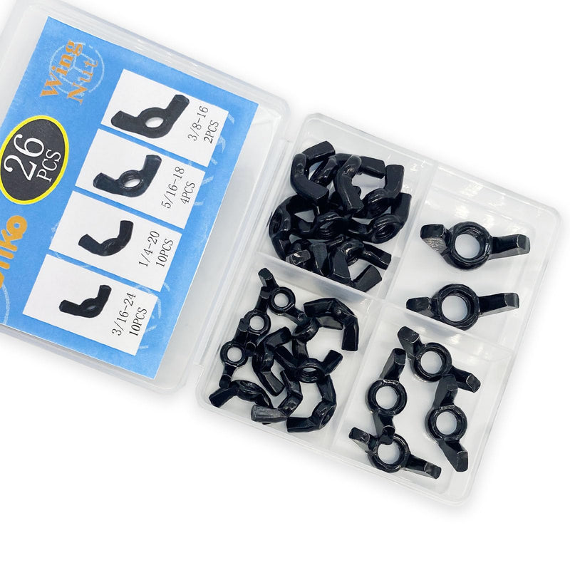 [Australia - AusPower] - 26 Pcs 4 Sizes 3/16",1/4",5/16",3/8" Wingnuts, Quality Carbon Steel Wing Nuts Black Zinc Plated Fasteners Parts Butterfly Nut, Hand Twist Tighten Hardware Nuts Butterfly Wing-Nut Assorted Kit 4 Sizes-26 Pcs-Black 