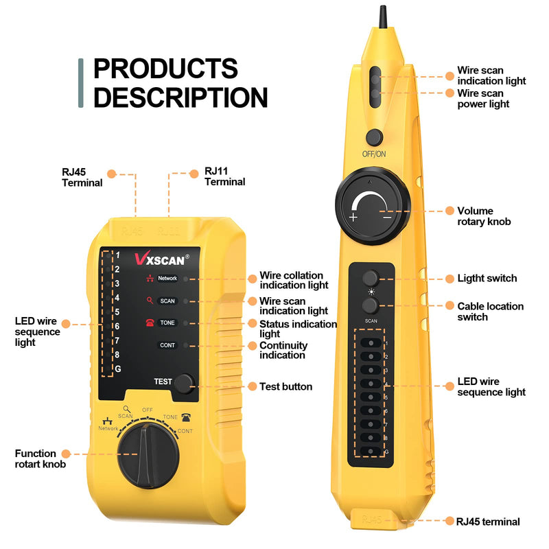 [Australia - AusPower] - Network Cable Tester, VXSCAN Cable Tester Line Finder Wire Tracer for Cat5 Cat6 Test, Ethernet/Telephone Cable with Earphone for RJ11 RJ45 Continuity Checking, LAN Network Cable Collation 