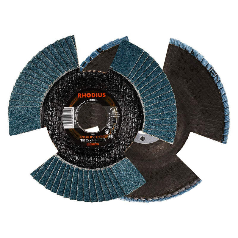 RHODIUS Vision Pro, 5 pieces, diameter 125 mm, K60 flap discs, transparent, metal, stainless steel, INOX, for angle grinders, grinding wheels, flap grinding discs | Made in Germany, transparent during turning, clear view of the workpiece, for...