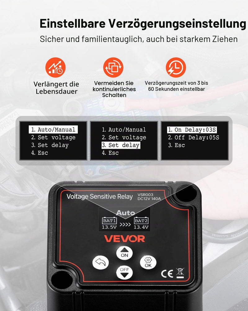 VEVOR Isolator Relay 12V 140A Dual Battery Isolator with LCD Screen Intelligent Battery Isolator for Lithium and Lead Acid Batteries for Car Truck RV UTV ATV Boat