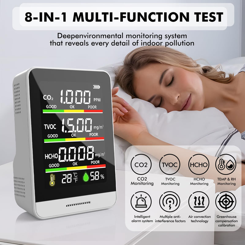 22 HOBBIES Air Quality Monitor Indoor,8-in-1 Smart Air Quality Tester with CO2, TVOC, HCHO, AQI, Temperature & Humidity, Real Time Display, Battery Powered, for Home & Office(White) White