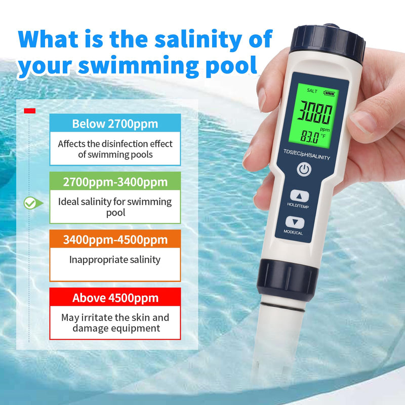 [Australia - AusPower] - 2025 New 5 in 1 Pool Salt Tester，Accurate and Reliable,Salt, pH Meter, EC, TDS, and Temperature，Digital Pool Water Tester，Salt Tester for Saltwater Pool,Used for Pool Salt and hydroponic Plants, etc 