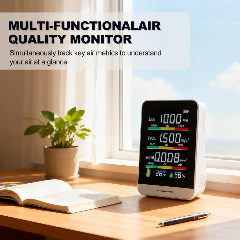 8-in-1 Air Quality Monitor | with Real-Time Temp, Humidity & Clock Display | Portable CO2, HCHO, TVOC, AQI Detector for Home, Office, Car