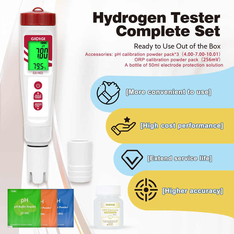 [Australia - AusPower] - Hydrogen Water Tester, GIDIGI ORP Meter, Digital pH Meter for Testing Drinking Water,Electronic pH PPM ORP Temp Detector for Water,Hydroponics,Swimming Pool,Aquariums 