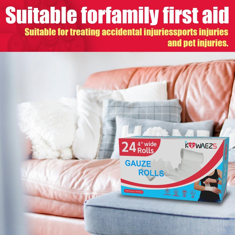 [Australia - AusPower] - 24 Pack Gauze Rolls Bandages 4 ” x 4.1 yd Premium Quality Lint and Latex-Free Conforming Stretch Designed for Wound Care for Wound Dressing Support(Ideal for Home and car First aid Kits) Pack of 24 
