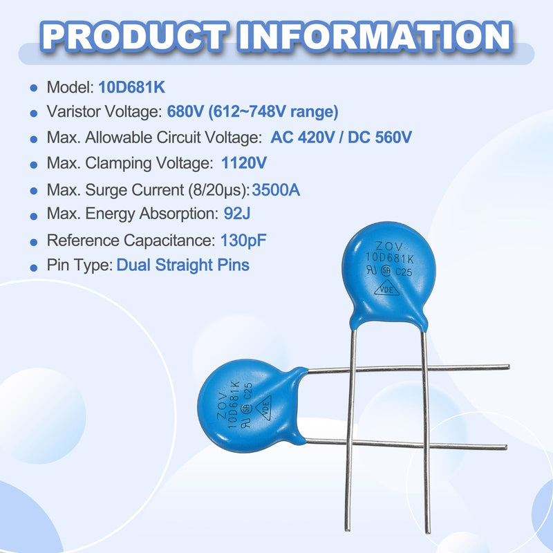QUARKZMAN 12-piece Varistors 10D681K AC420V DC560V Round Varistor Blue | 10.5mm Diameter Radial Lead Disc Varistor, for Resistive Power Supply Industrial Plants