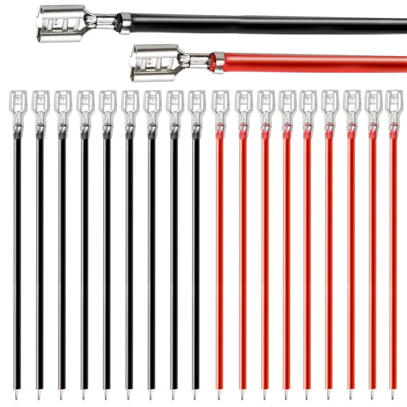 Gebildet 20-Piece 6.3 mm Spade Terminal Crimp Terminal Socket with Insulation Sleeve and 15 cm Long 16AWG Cable, Red + Black, Flat Connector Quick Splicing Assortment Kit 1/4" Female