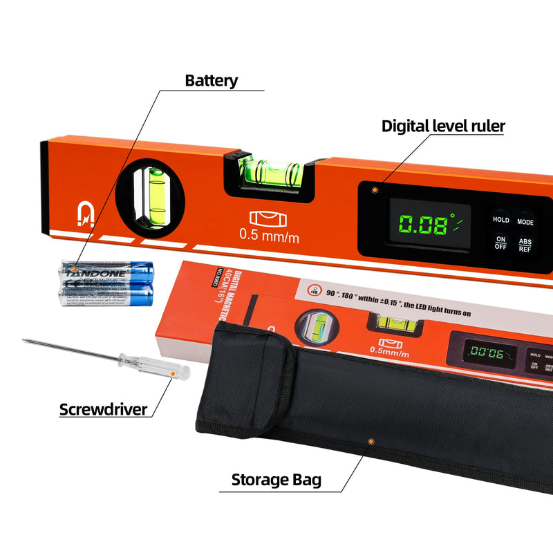 [Australia - AusPower] - 16inch Digital Level with LCD Display - Bubble Light Up Function - Multi Purpose:Magnetic Torpedo Level, Angle Finder 0-90° & 0-180° Range -Leveler Tool for Woodwork,Saw & Home Leveling 