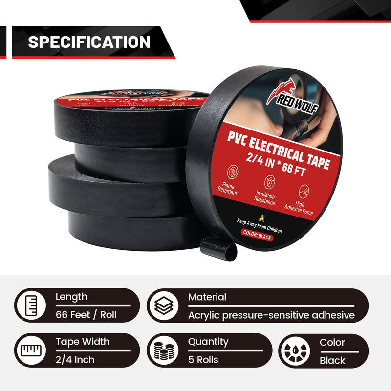 RED WOLF Electrical PVC Tape 5 Packs 1/2" x 66FT Acrylates Copolymer Viscosity Flexibility Electric Tape, Flame Retardant Waterproof 1000 Volt for Auto Engine Industrial Wrapping Wiring Harness