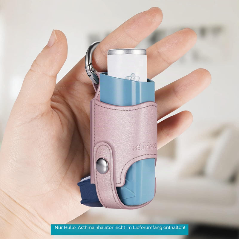 Medmax Asthma Inhaler Holder | Faux leather case holster, lightweight carry bag with carabiner hook, holder compatible with Ventolin inhaler, (case only) Rose Gold