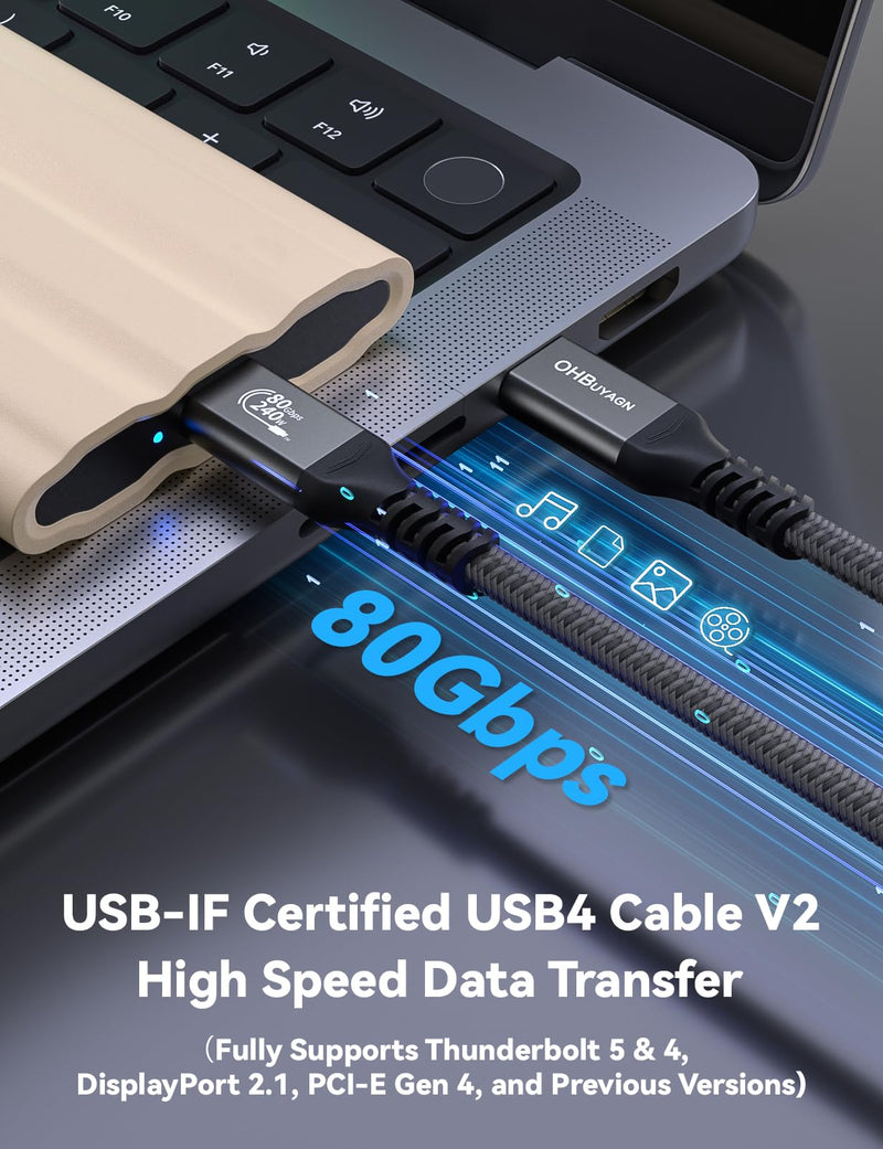 [2 Pack 5FT]80Gbps USB 4 Cable for Long Thunderbolt 4 Cable, 120Gbps Bandwidth for 16K/Dual 8K, 240W Fast Charging USB C Monitor for Thunderbolt 4/3,iPhone 16/15,MacBook Pro/Air,iPad Pro,Dell XPS 5FT-2Pack