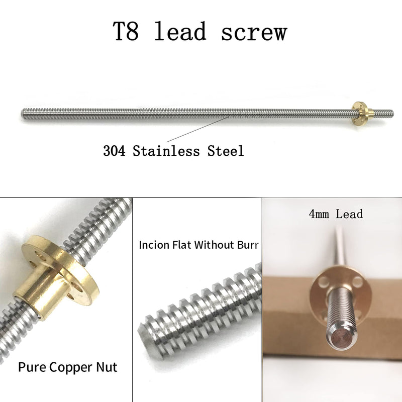 2pcs 400mm Tr8X4 Lead Screw with T8 Brass Nut for 3D Printer Machine Z Axis(Acme Thread, 2mm Pitch, 2 Start, 4mm Lead)