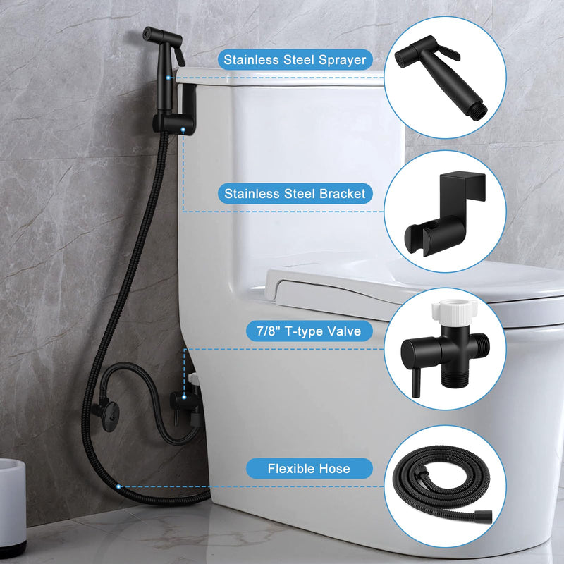 Handheld Toilet Bidet Sprayer 2 Pack, Water Pressure Adjustable Sprayer with Hose and 7/8 "T-Valve, Jet Spray and Soft Spray, for Toilet, Bidet, Shower etc., Stainless Steel, Black Black-2 Pack