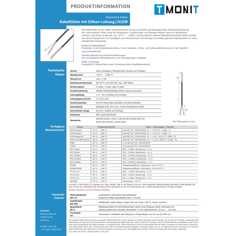 [Australia - AusPower] - Tmonit - PT1000 Temperature Sensor with Silicone Cable, up to 200 °C - Robust Cable Sensor for Industry, HVAC & Smart Home - Made in Germany 1,5m Silikon-Leitung 