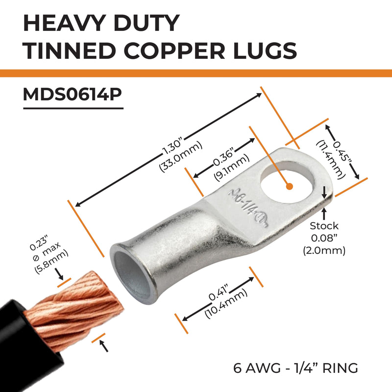 [Australia - AusPower] - SELTERM 25pcs 6 AWG 1/4" Stud Marine Grade Tinned Copper Battery Cable Lugs, 6 Gauge Ring Terminals, UL Wire Lugs Electrical Battery Cable Ends, Tinned Copper Lugs Battery Terminal Connectors 6 Awg - 1/4" (M6) Ring 25 
