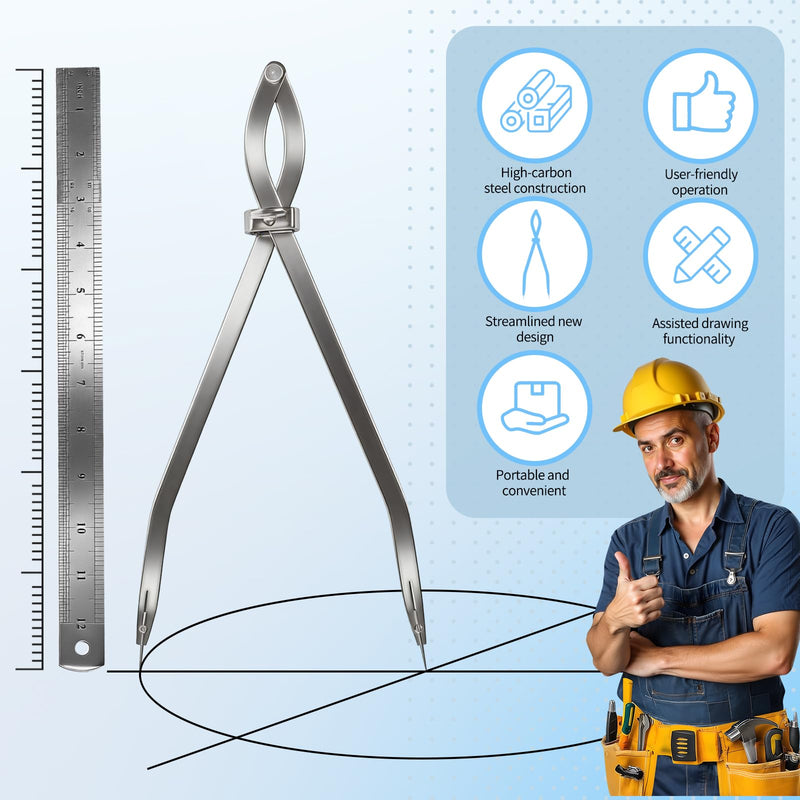 Radius Divider Tool 20" in with Bonus 12" Stainless Steel Ruler, Heavy Duty Wing Divider Scriber Marking Tool for Metalworking & Woodworking - Upgraded Lock Nut Design with Replaceable Sharp Points 12in 1