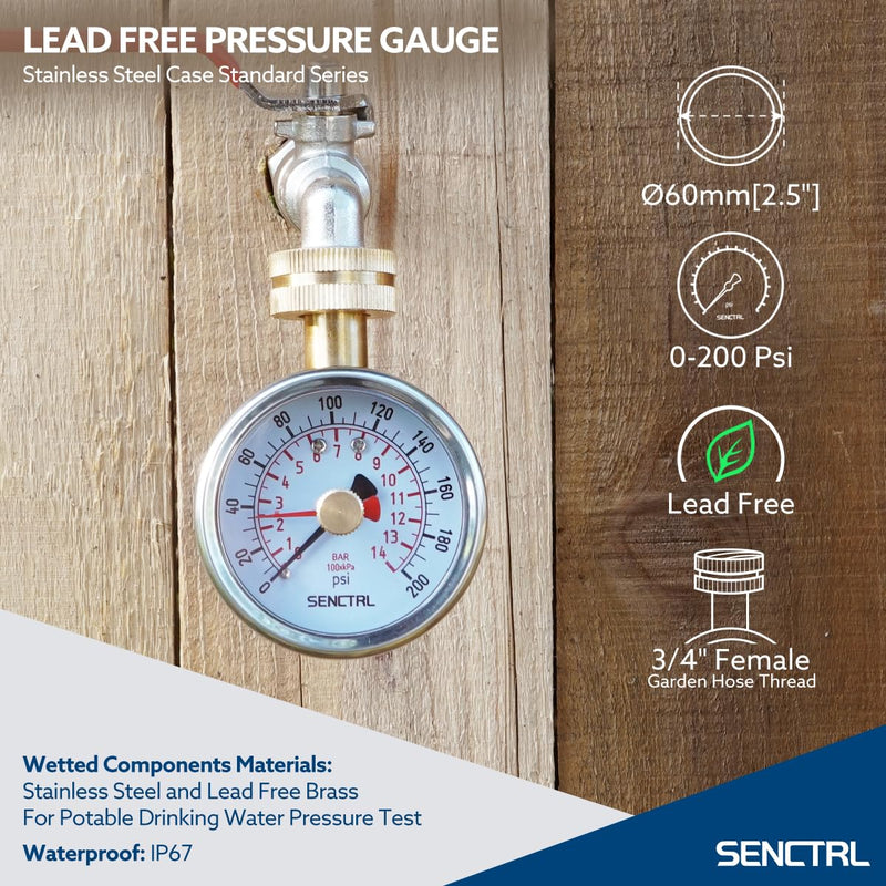[Australia - AusPower] - 0-200 Psi Water Pressure Gauge Test with Lazy Hand, Lead-Free, Waterproof, 2.5" Dial Size, 3/4" Female Garden Hose Thread, Stainless Steel Case, for Home Potable Water, House Tube Lead Free with Lazy Hand 