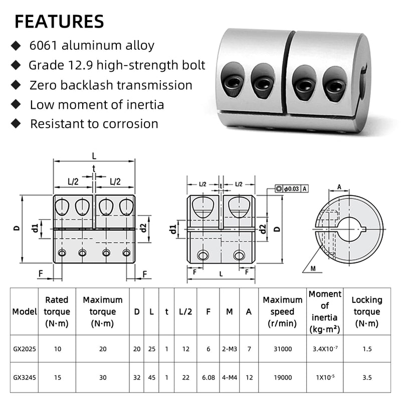[Australia - AusPower] - 8mm to 8mm Aluminum Rigid Clamp-On Shaft Coupling, 32mm Diameter x 45mm Length, Motor Shaft Connector for CNC Machines, 3D Printers, and DIY Encoders Bore 8mm to 8mm 1 