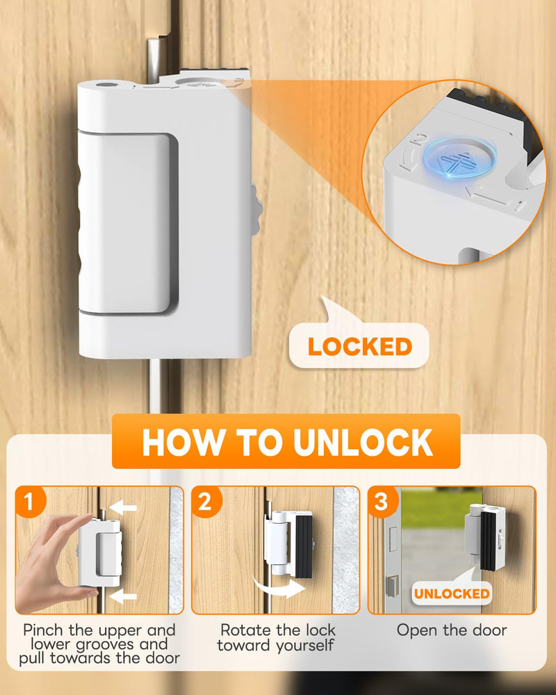 Portable Door Reinforcement Lock for Travel & Home, No Screws Instant Install Safety Lock for Inward Swing Front Door, Hotel, Apartment - Extra Latch from Inside Withstand 800lbs (White-3PCS) White-3PCS