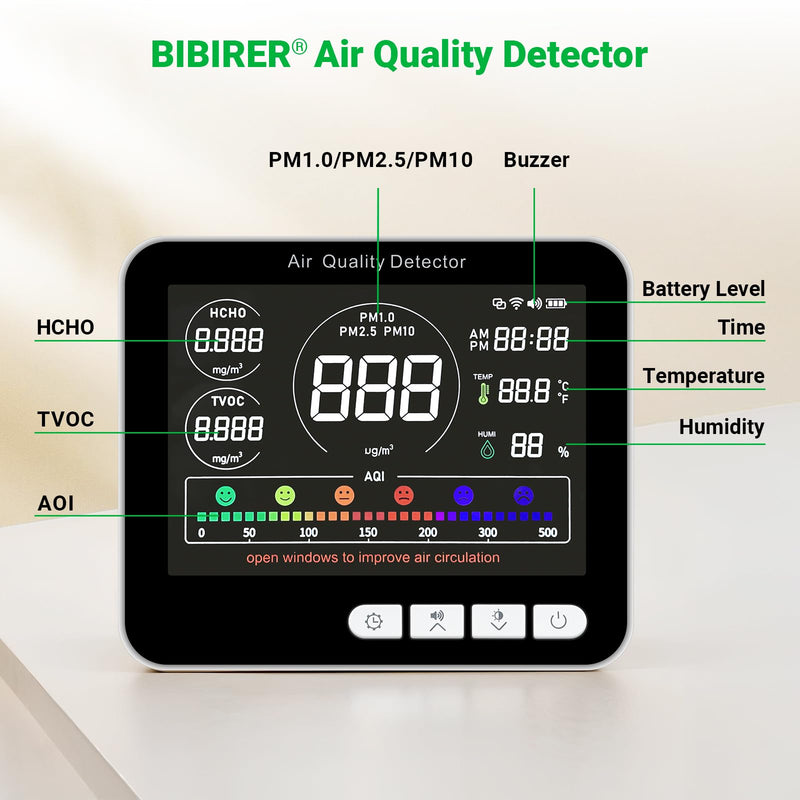 [Australia - AusPower] - BIBIRE 14-in-1 Air Quality Monitor Indoor with Beep Alarm, 6 AQI Air Detector with PM1.0|PM2.5|PM10|HCHO|TVOC|AQI|Temperature|Humidity|Time for Home, Hotel, Office, Car, Battery Powered 