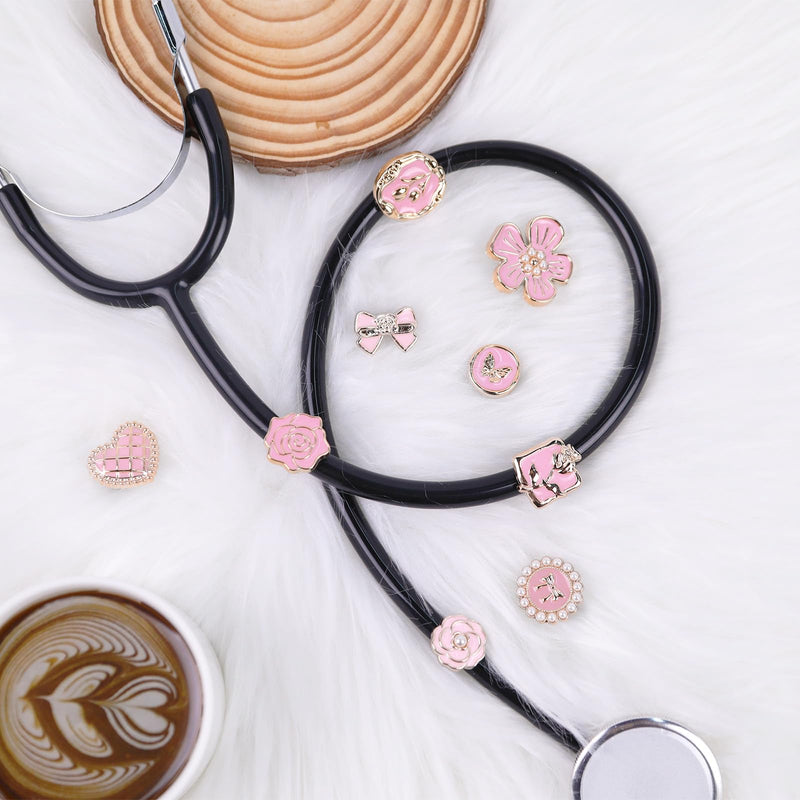[Australia - AusPower] - Pink Flowers Elegant Stethoscope Charms for Nurse - 9Pcs Pediatric Stethoscopes Decor Personalized Accessories, Gift for Doctor & Veterinarian, Medical Worker Nursing Graduation Pink flower 