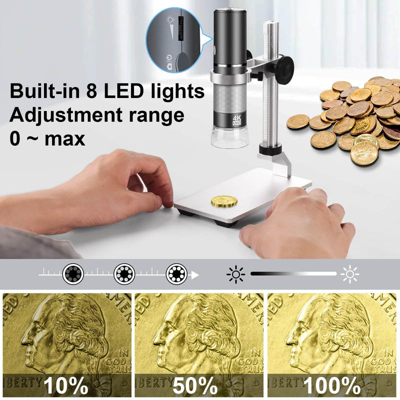 [Australia - AusPower] - Ninyoon 4K WiFi Microscope with Professional Stand for iPhone Android PC, 50-1000X Digital USB Microscope Wireless HD Camera for All Mobile Phones iPad Android Tablet Windows Mac Chrome Linux gray 