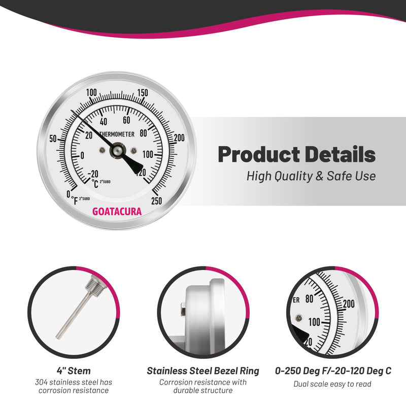 [Australia - AusPower] - Bimetal Thermometer, Full Stainless Steel, 3" Dial Size, 4" Stem, 1/2" NPT Back Mount, 0-250 Deg F/-20-120 Deg C, 1% Accuracy L=4" 