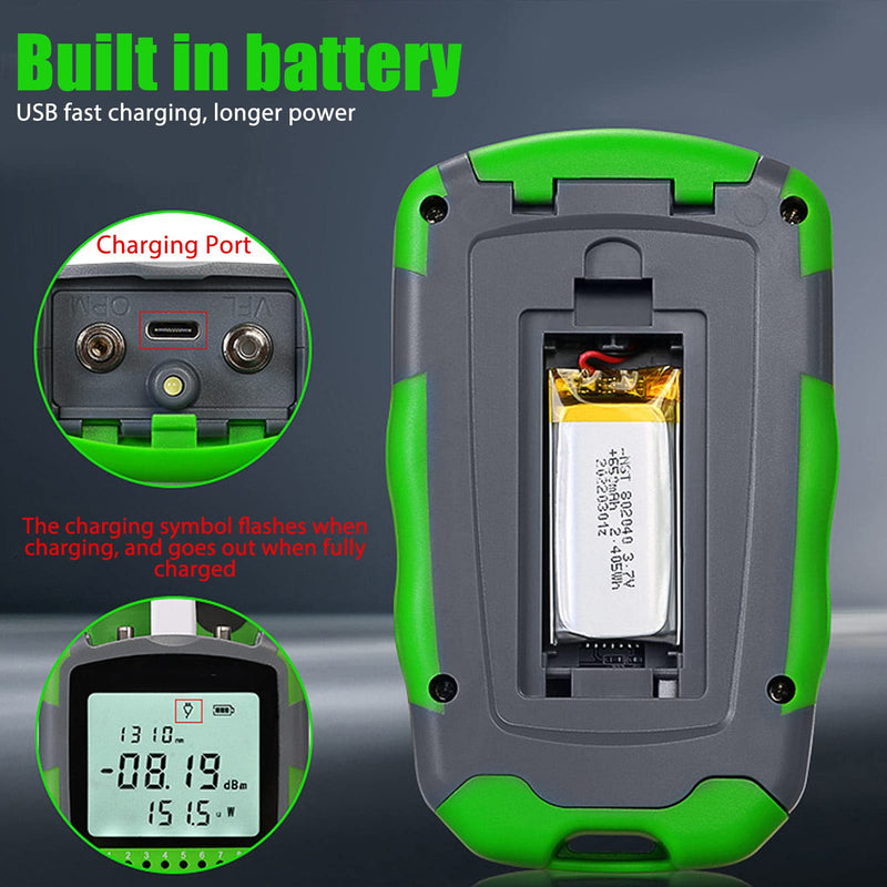 [Australia - AusPower] - Optical Power Meter, Portable Fiber Optic Cable Tester,850,980,1270,1300,1310,1490,1550,1577,1625,1650nm, RJ45 Network Testing, 70 10dbm with Battery and USB Charging Cable 15MW 