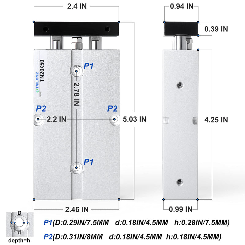 [Australia - AusPower] - TAILONZ PNEUMATIC 20mm Bore 50mm Stroke Double-Rod Double-Acting Aluminum Pneumatic Air Cylinder TN20-50 Bore:20mm Stroke:50MM 