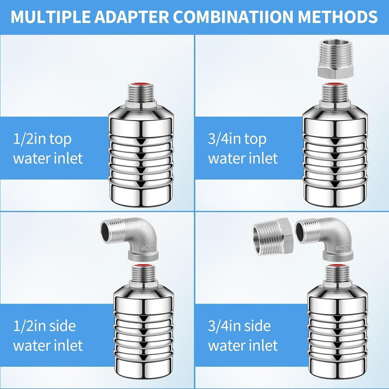 2Pcs Water Float Valve, 1/2" to 3/4" Aquapulse Automatic Water System 304 Stainless Steel, Auto Shut off Water Tank Float Valve for Water Tower, Livestock Troughs, Pool